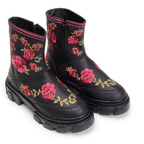 FARM Rio Shoes - FARM Rio Rose Embroidery Black Boho Mid Boot Anthropologie